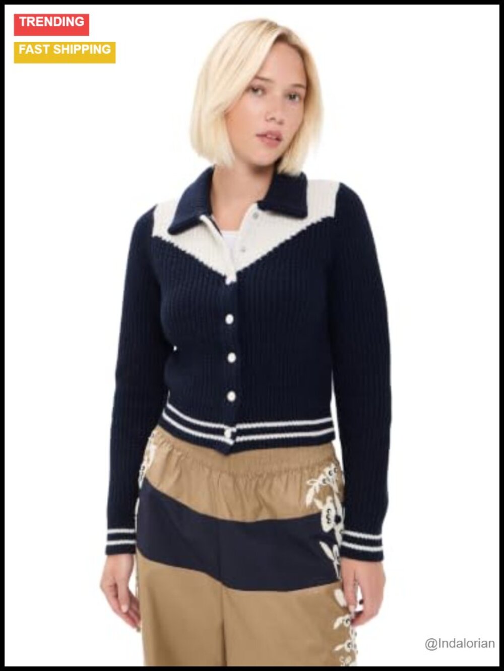 Women's Collared Cardigan - Ribbed Knit Contrast Stripe